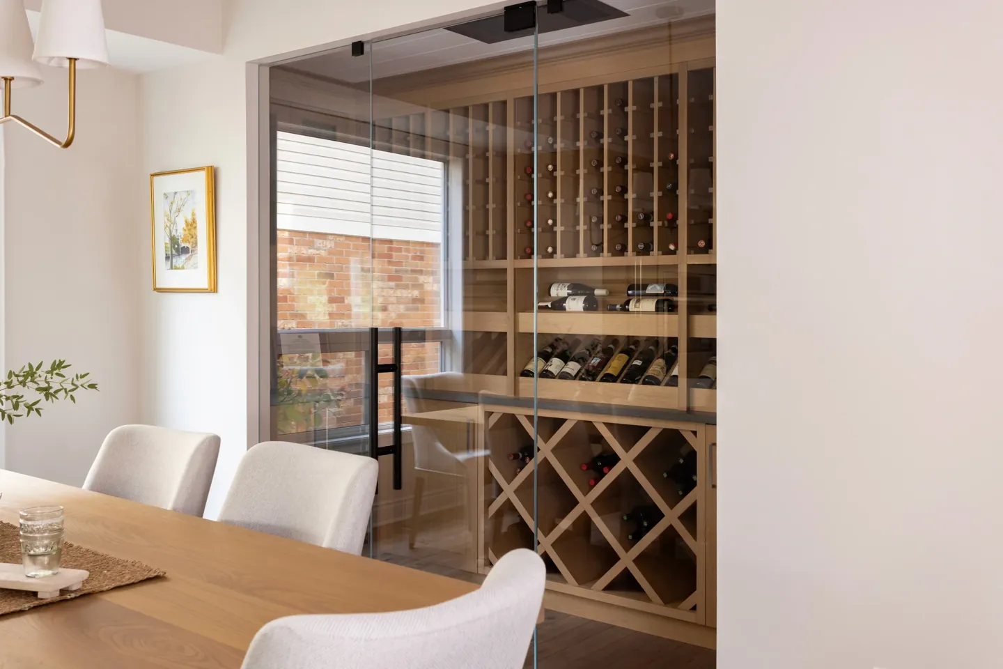 Wine wall and dining table, wide view
